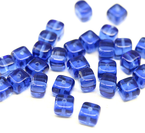 5x6mm Dark sapphire blue cube czech glass beads, 30pc