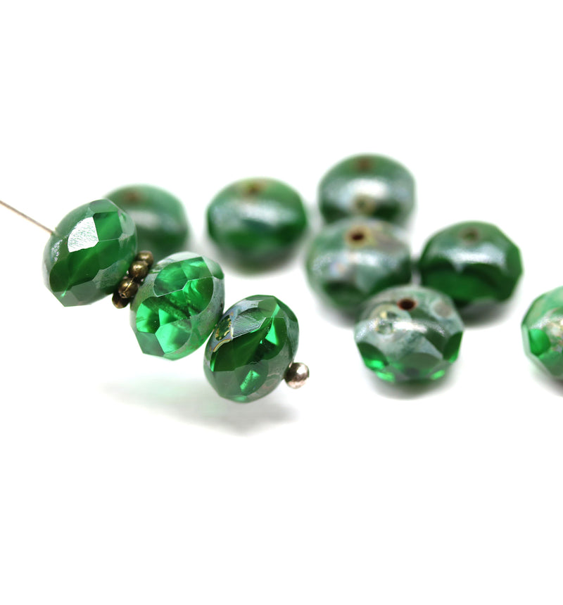 6x8mm Mixed green rondelle czech glass beads picasso finish - 10pc