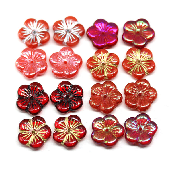 14mm Red flower bead cap Czech glass - 6Pc