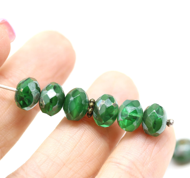 6x8mm Mixed green rondelle czech glass beads picasso finish - 10pc