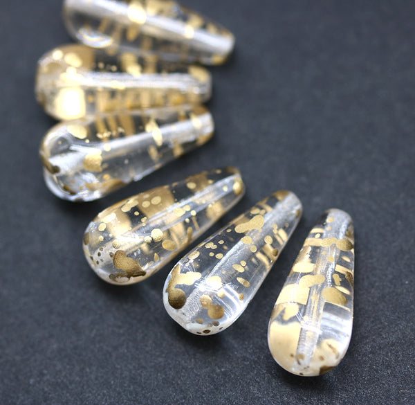 20x9mm Gold flakes clear pear shape teardrop czech glass beads, 6pc