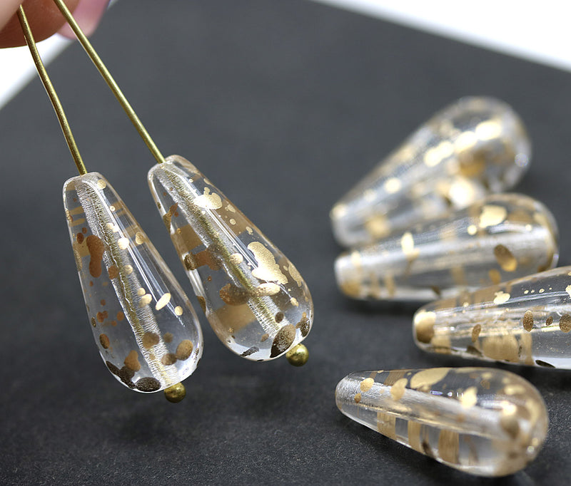 20x9mm Gold flakes clear pear shape teardrop czech glass beads, 6pc