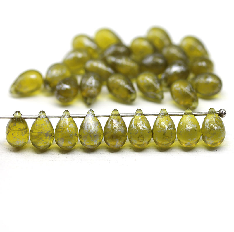 6x9mm Olive green teardrops Czech Glass drop beads silver wash 30pc