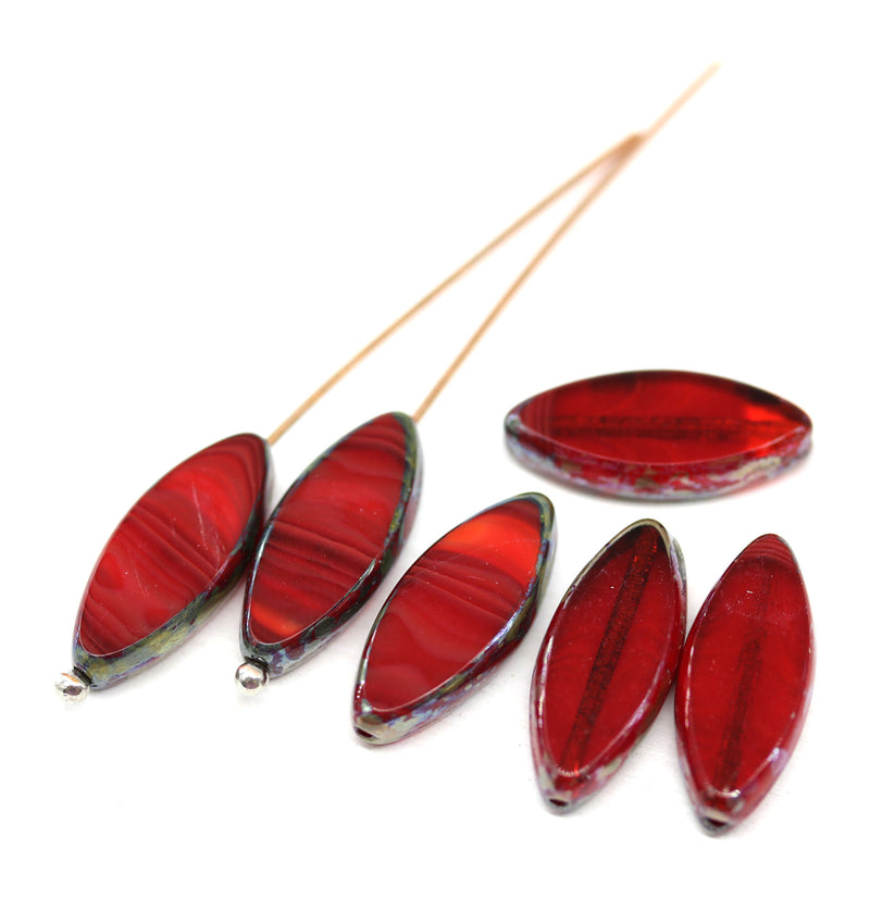 18x7mm Red flat oval fire polished Czech glass beads, picasso finish, 6Pc