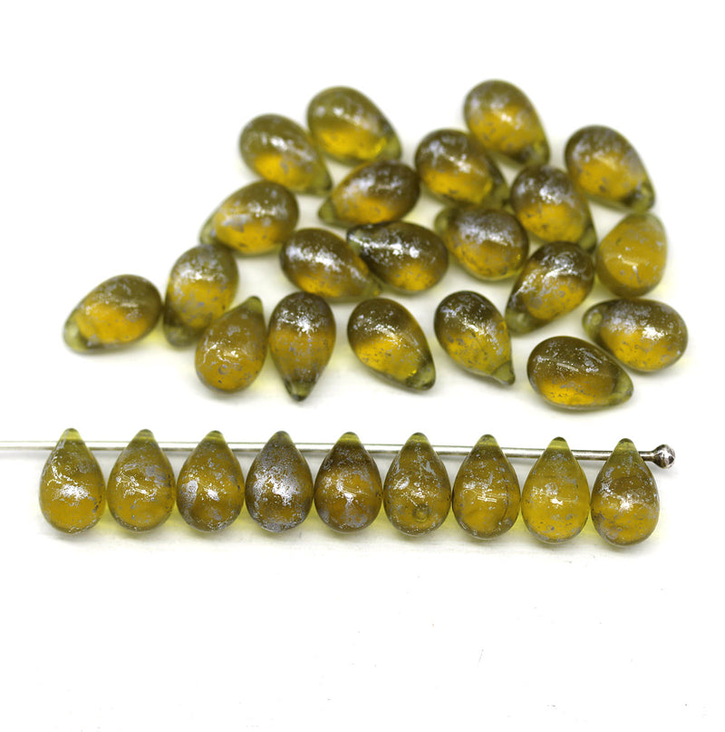 6x9mm Olive green teardrops Czech Glass drop beads silver wash 30pc