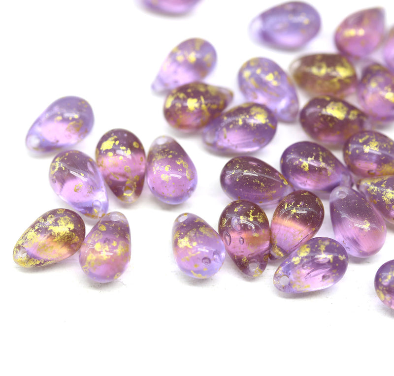 6x9mm Lilac purple teardrops Czech Glass drop beads gold wash 30pc