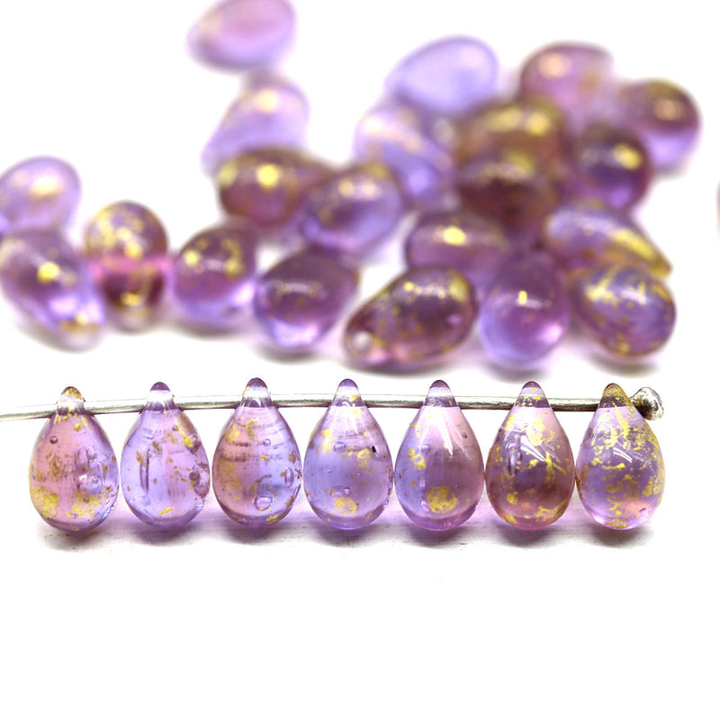 6x9mm Lilac purple teardrops Czech Glass drop beads gold wash 30pc