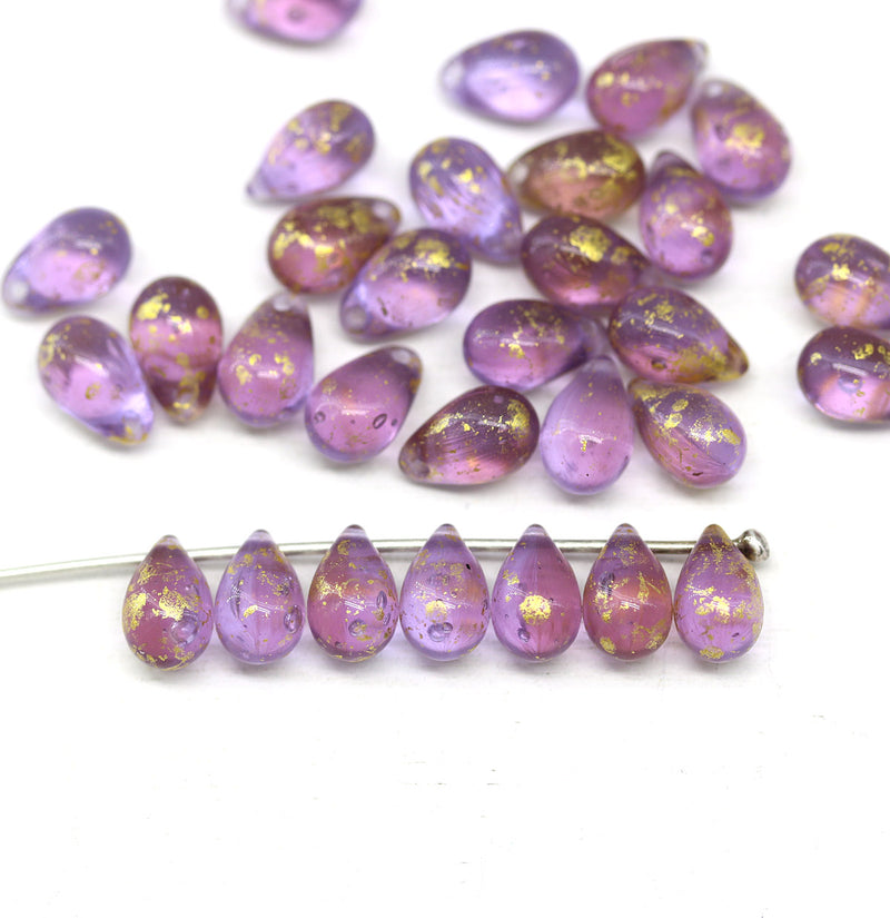 6x9mm Lilac purple teardrops Czech Glass drop beads gold wash 30pc