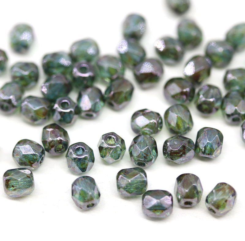 4mm Mixed green Czech glass beads fire polished with luster - 50Pc