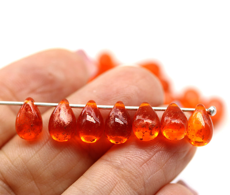 6x9mm Orange teardrops Czech Glass drop beads 30pc
