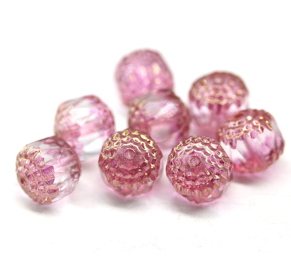 10mm Rose pink cathedral czech glass beads golden ends 8Pc