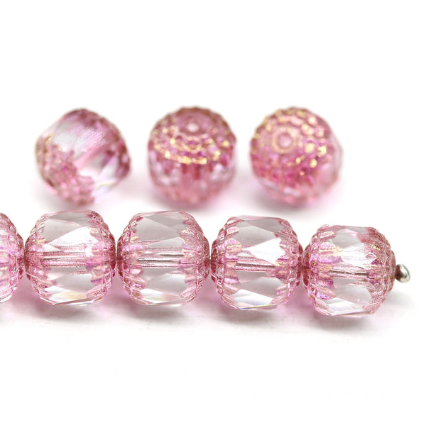 10mm Rose pink cathedral czech glass beads golden ends 8Pc