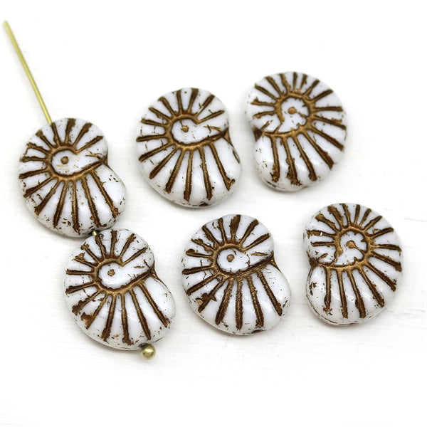13x17mm White ammonite Czech glass beads, copper inlays 