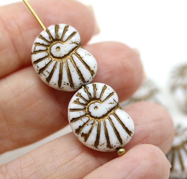 13x17mm White ammonite Czech glass beads, copper inlays 