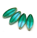 18x7mm Blue green flat oval fire polished Czech glass beads, picasso finish, 4Pc