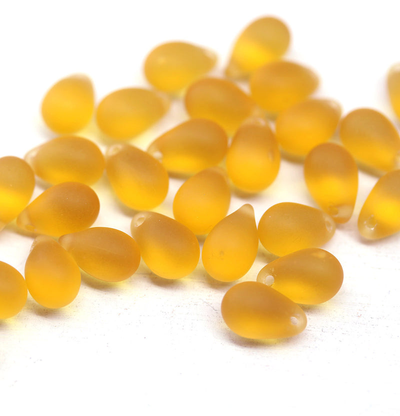 6x9mm Light topaz teardrops Czech frosted Glass drop beads 30pc