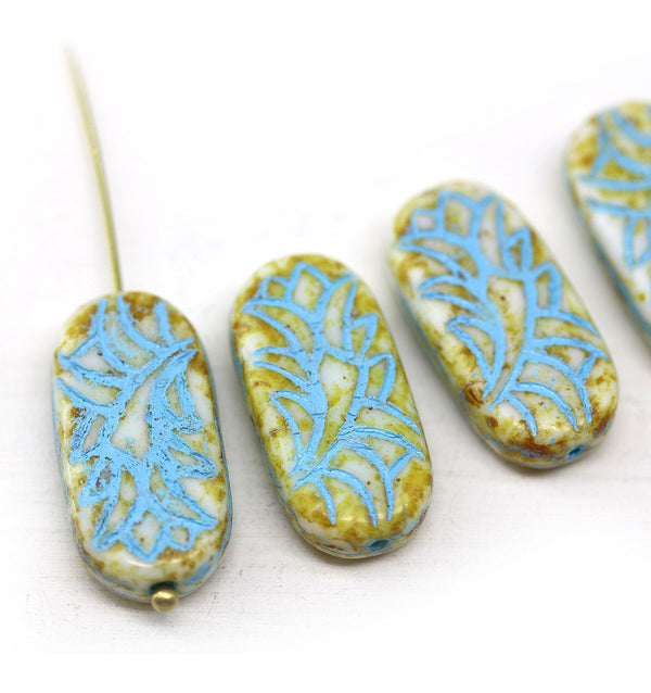 25x12mm Large oval picasso light flat czech glass beads blue inlays 4pc