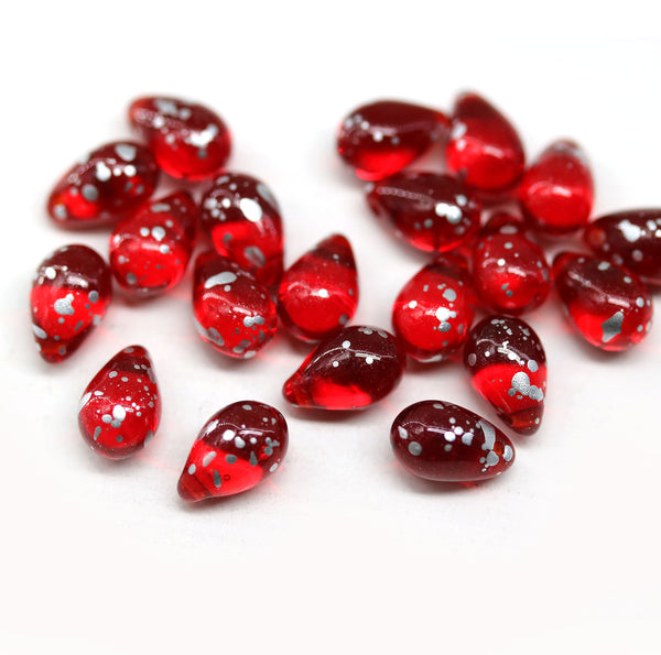 6x9mm Transparent red teardrops Czech glass silver flakes, 20pc