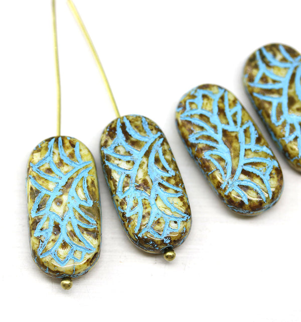 25x12mm Large oval picasso dark flat czech glass beads blue inlays 4pc
