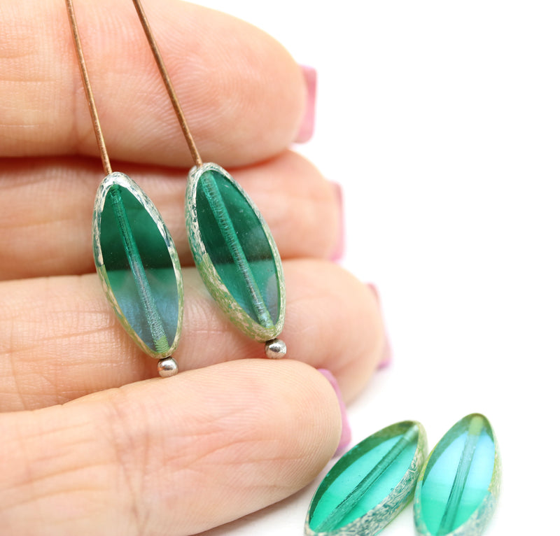 18x7mm Blue green flat oval fire polished Czech glass beads, picasso finish, 4Pc