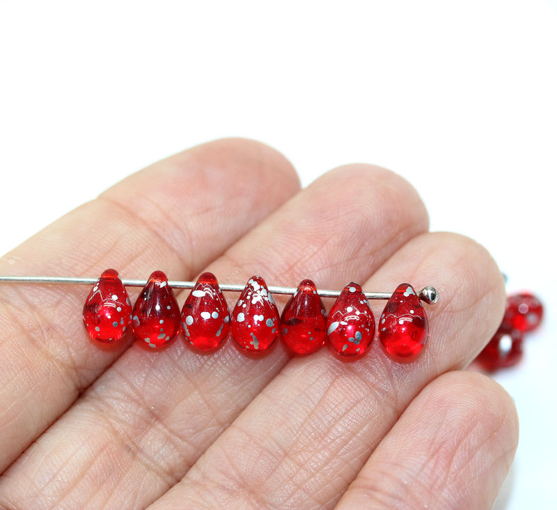 6x9mm Transparent red teardrops Czech glass silver flakes, 20pc
