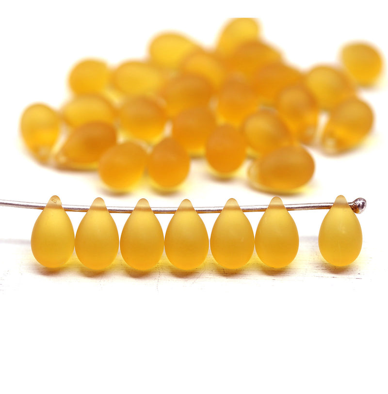 6x9mm Light topaz teardrops Czech frosted Glass drop beads 30pc