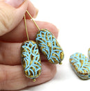 25x12mm Large oval picasso dark flat czech glass beads blue inlays 4pc