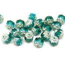 6mm Teal round cathedral czech glass beads, matte silver ends 20Pc