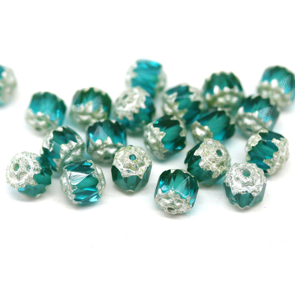 6mm Teal round cathedral czech glass beads, matte silver ends 20Pc