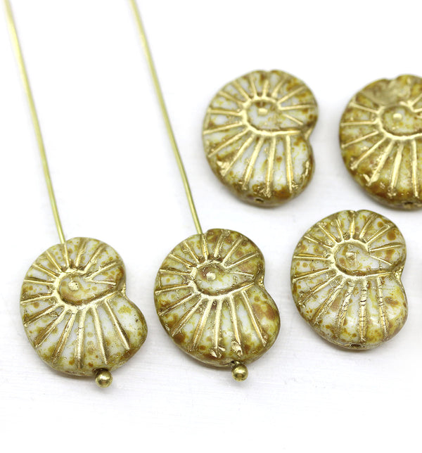 13x17mm Rustic ammonite Czech glass beads, picasso finish, gold inlays