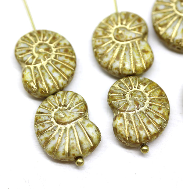 13x17mm Rustic ammonite Czech glass beads, picasso finish, gold inlays