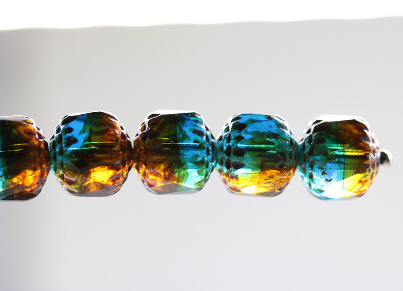 10mm Brown blue cathedral czech glass beads picasso 8Pc