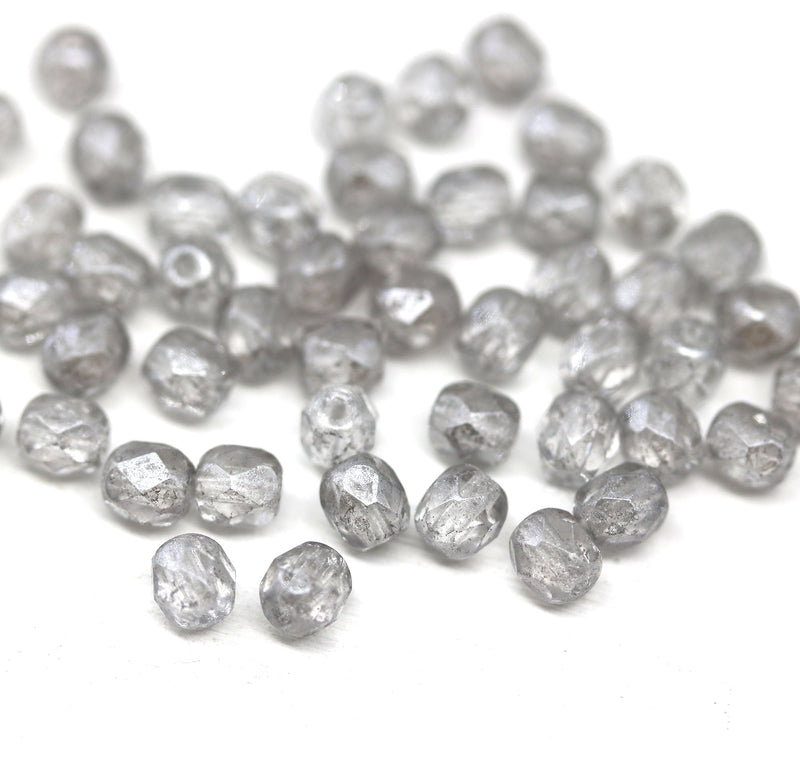 4mm Light grey Czech glass beads fire polished silver wash - 50Pc