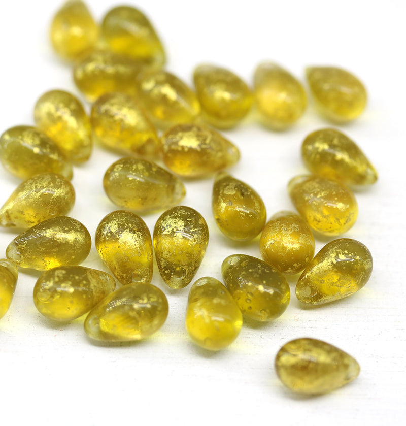 6x9mm Yellow teardrops Czech Glass drop beads gold wash 30pc