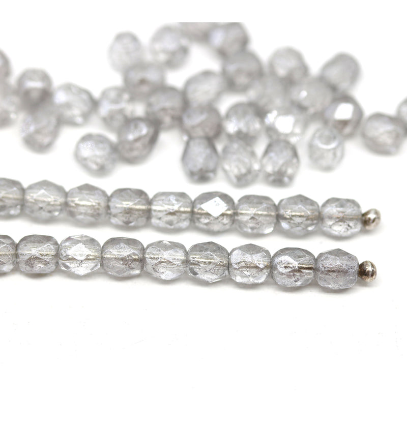 4mm Light grey Czech glass beads fire polished silver wash - 50Pc