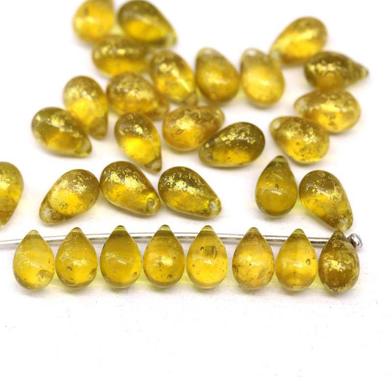 6x9mm Yellow teardrops Czech Glass drop beads gold wash 30pc