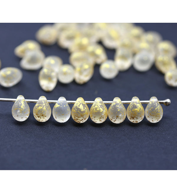 5x7mm Frosted glass teardrops pressed czech glass beads, gold wash