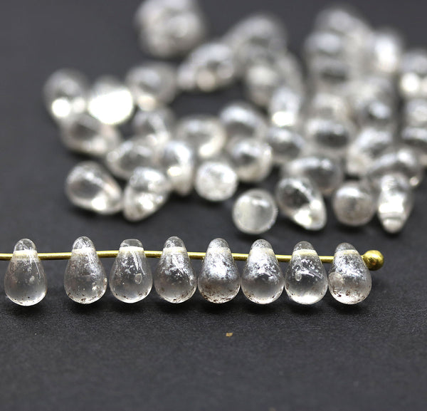 4x6mm Tiny clear teardrops silver wash Czech glass beads