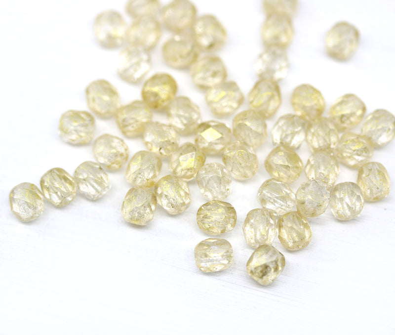 4mm Clear Czech glass beads fire polished gold wash - 50Pc