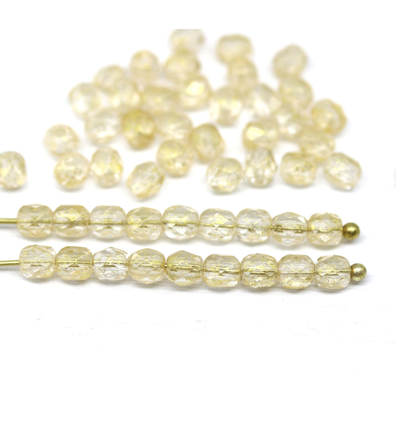 4mm Clear Czech glass beads fire polished gold wash - 50Pc