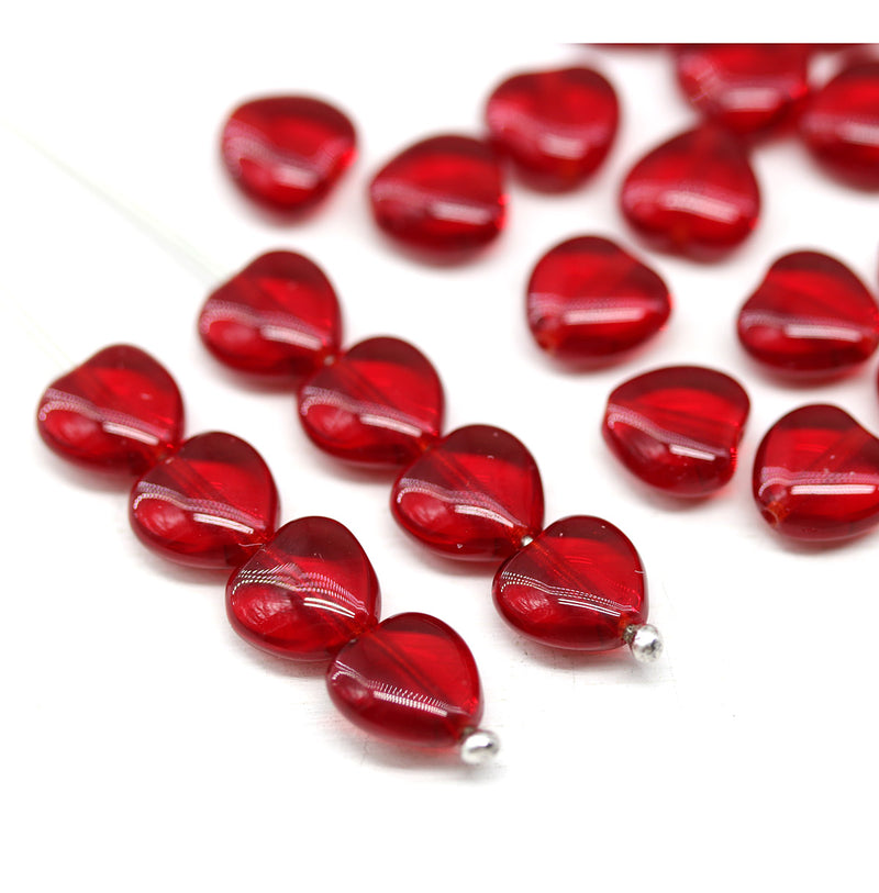 8mm Red heart Czech glass pressed beads, 30pc