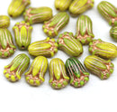 12x8mm Green tulip Czech glass beads, copper inlays