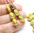 12x8mm Green tulip Czech glass beads, copper inlays