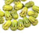 12x8mm Green yellow tulip Czech glass beads, gold inlays