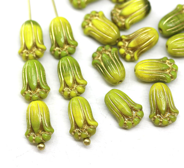 12x8mm Green yellow tulip Czech glass beads, gold inlays