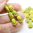 12x8mm Green yellow tulip Czech glass beads, gold inlays