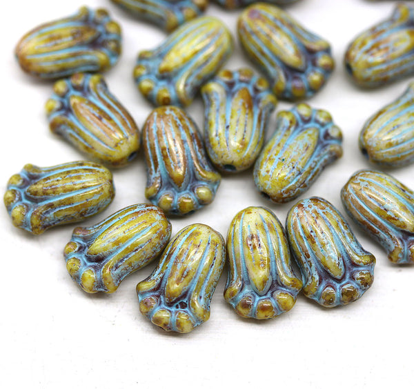 12x8mm Picasso rustic tulip Czech glass beads, blue inlays