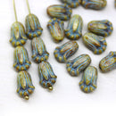 12x8mm Picasso rustic tulip Czech glass beads, blue inlays