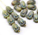 12x8mm Picasso rustic tulip Czech glass beads, blue inlays