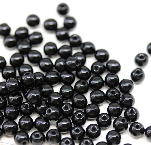 4mm Black czech glass beads round druk spacers, 10gr